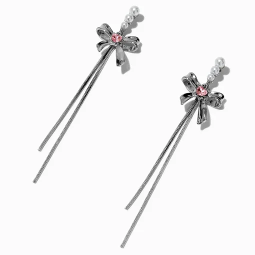 Pearl & Pink Heart Bow Drop Earrings