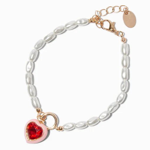 Pearl & Red Heart Charm Bracelet