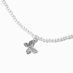 Pearl Beaded Pavé Butterfly Pendant Necklace