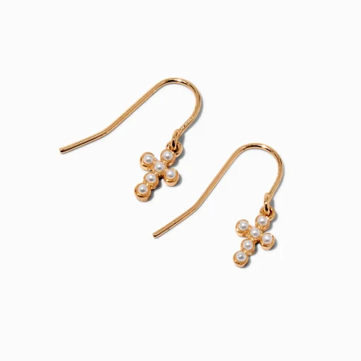 Pearl Cross Gold-tone Drop Earrings