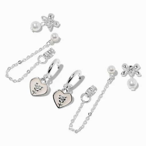 Pearl Heart & Silver-tone Earring Stackables Set - 3 Pack