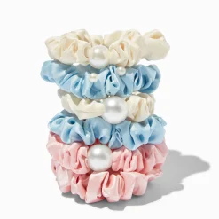 Pearl Pink, Blue, & Ivory Skinny Silky Hair Scrunchies - 6 Pack