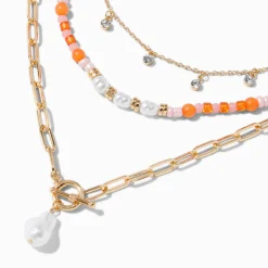 Pearl Toggle Coral Beaded Multi-Strand Necklace