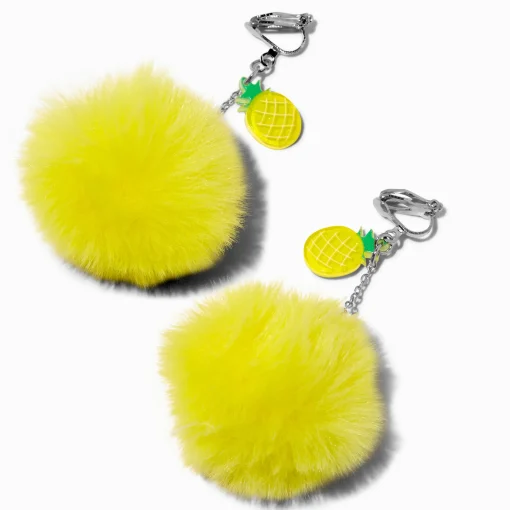 Pineapple Pom Pom Clip-On Drop Earrings