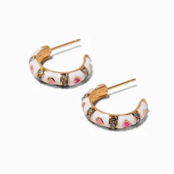 Pink & White Enamel Heart Gold-tone Half Hoop Earrings