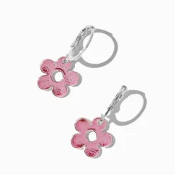 Pink Anodized Daisy Huggy Hoop Earrings