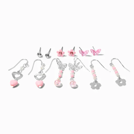 Pink Beaded Flower Earrings Set - 6 Pack