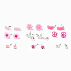 Pink Butterfly & Flower Stud Earrings - 9 Pack