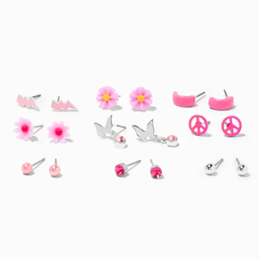 Pink Butterfly & Flower Stud Earrings - 9 Pack