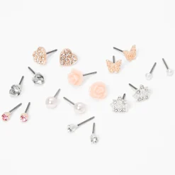 Pink Butterfly Heart Rose Stud Earrings - 9 Pack