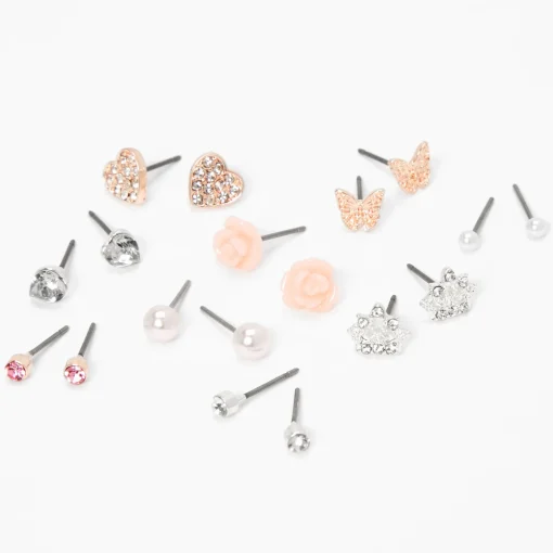 Pink Butterfly Heart Rose Stud Earrings - 9 Pack