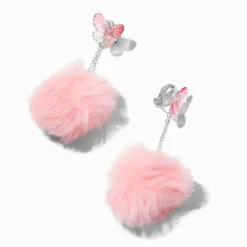 Pink Butterfly Pom Pom 2" Clip-On Drop Earrings