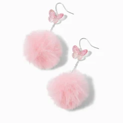 Pink Butterfly Pom Pom 3'' Drop Earrings