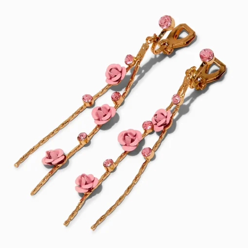 Pink Carved Roses Vine 3" Clip-On Drop Earrings
