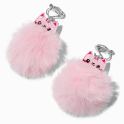 Pink Cat Pom Pom 1.5" Clip-On Drop Earrings
