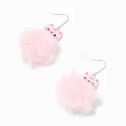 Pink Cat Pom Pom 1.5" Drop Earrings