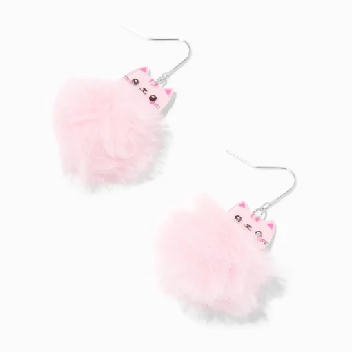 Pink Cat Pom Pom 1.5" Drop Earrings