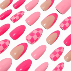 Pink Checkered French Tip Stiletto Vegan Faux Nail Set - 24 Pack