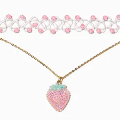 Pink Crystal Beaded Tattoo Choker & Strawberry Crystal Pendant Choker - 2 Pack