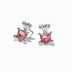 Pink Crystal Teddy Bear Stud Earrings