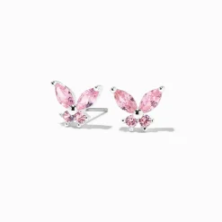 Pink Cubic Zirconia Silver-tone Butterfly Stud Earrings