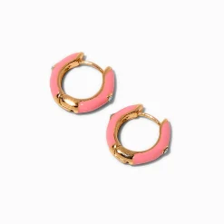 Pink Enamel Huggie Hoop Earrings