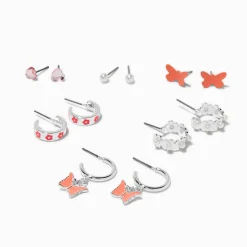 Pink Floral Butterfly Earrings Set - 6 Pack