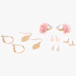 Pink Flower Gold-tone Mixed Earrings Set - 6 Pack