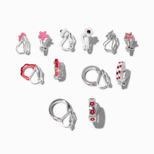 Pink Flowers & Checks Clip-On Earring Set - 6 Pack