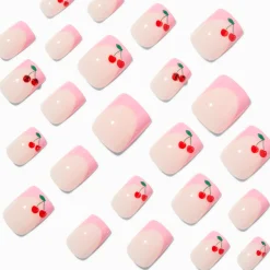 Pink French Tip Cherry Gem Square Vegan Faux Nail Set - 24 Pack