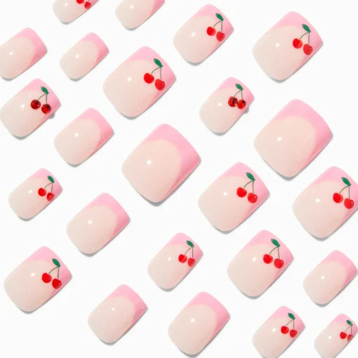 Pink French Tip Cherry Gem Square Vegan Faux Nail Set - 24 Pack
