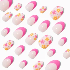 Pink French Tip Daisy Stiletto Press On Faux Nail Set - 24 Pack