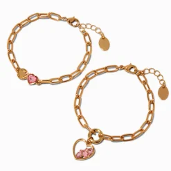 Pink Gem Heart Charm Gold-tone Paperclip Chain Bracelets- 2 Pack