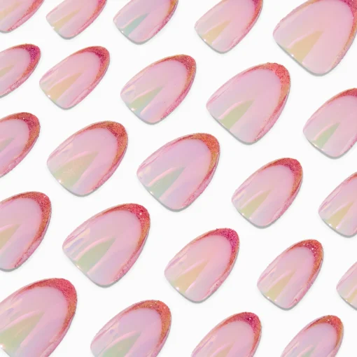 Pink Holographic Short Almond Vegan Faux Nail Set - 24 Pack