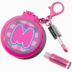 Pink Plaid Initial Hair Brush & Lip Gloss Keychain - M