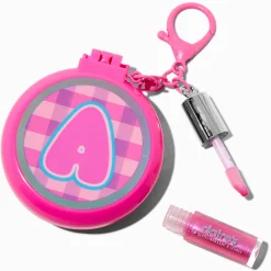 Pink Plaid Initial Hair Brush & Lip Gloss Keychain - A
