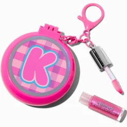 Pink Plaid Initial Hair Brush & Lip Gloss Keychain - K