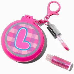 Pink Plaid Initial Hair Brush & Lip Gloss Keychain - L