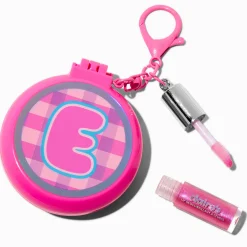 Pink Plaid Initial Hair Brush & Lip Gloss Keychain - E