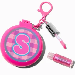 Pink Plaid Initial Hair Brush & Lip Gloss Keychain - S