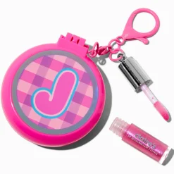 Pink Plaid Initial Hair Brush & Lip Gloss Keychain - J
