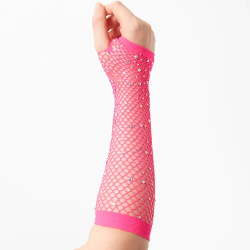 Pink Rhinestone Fishnet Arm Warmers