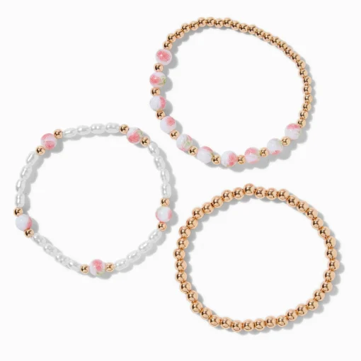 Pink Rose Beaded Stretch Bracelets - 3 Pack