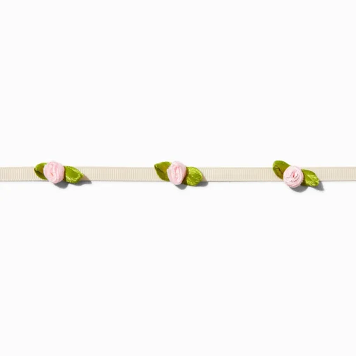 Pink Rose White Ribbon Choker Necklace