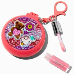 Pink Sticker Club Hair Brush & Lip Gloss Keychain