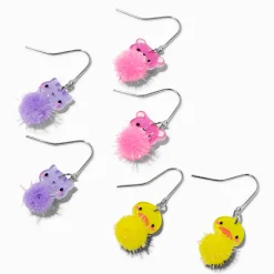 Pom Pom Bear, Cat, & Duck 0.5" Drop Earrings - 3 Pack