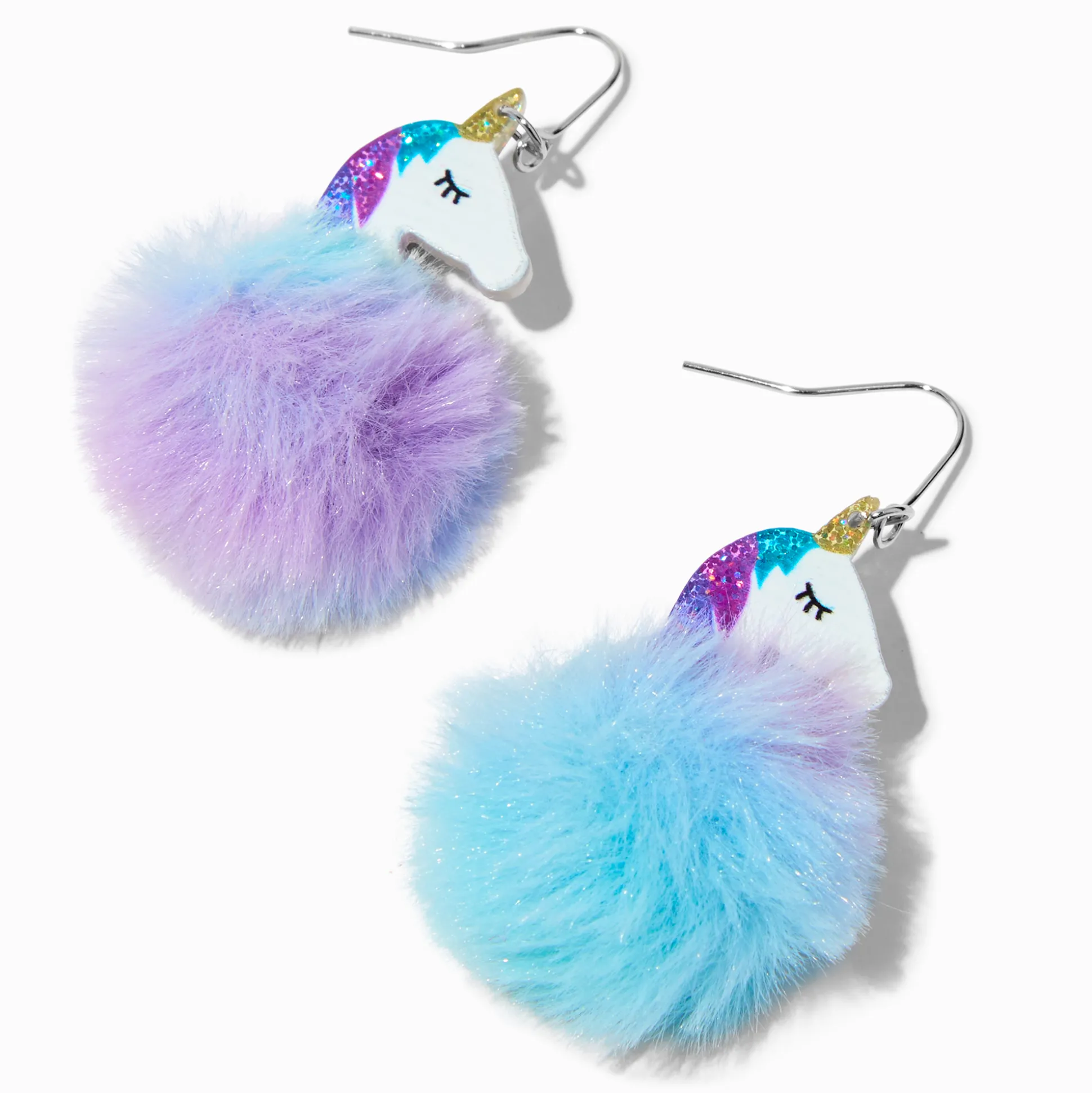 Purple & Blue Unicorn Pom Pom 2" Drop Earrings