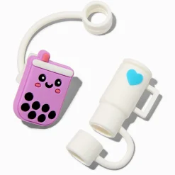 Purple Boba Tea & White Cup Straw Covers - 2 Pack