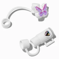 Purple Butterfly & White Cup Straw Covers - 2 Pack