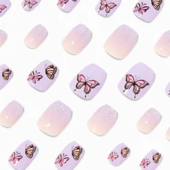 Purple Butterfly Coffin Press On Vegan Faux Nail Set - 24 Pack